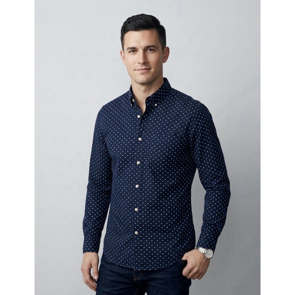 Men's J. Crew Secret Wash Button Down Blue White Dot  Shirt Size M